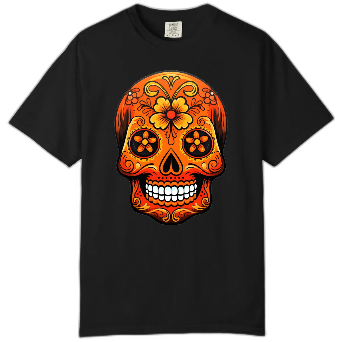 Vibrant Marigold Flower Sugar Skull Art Comfort Color in Black