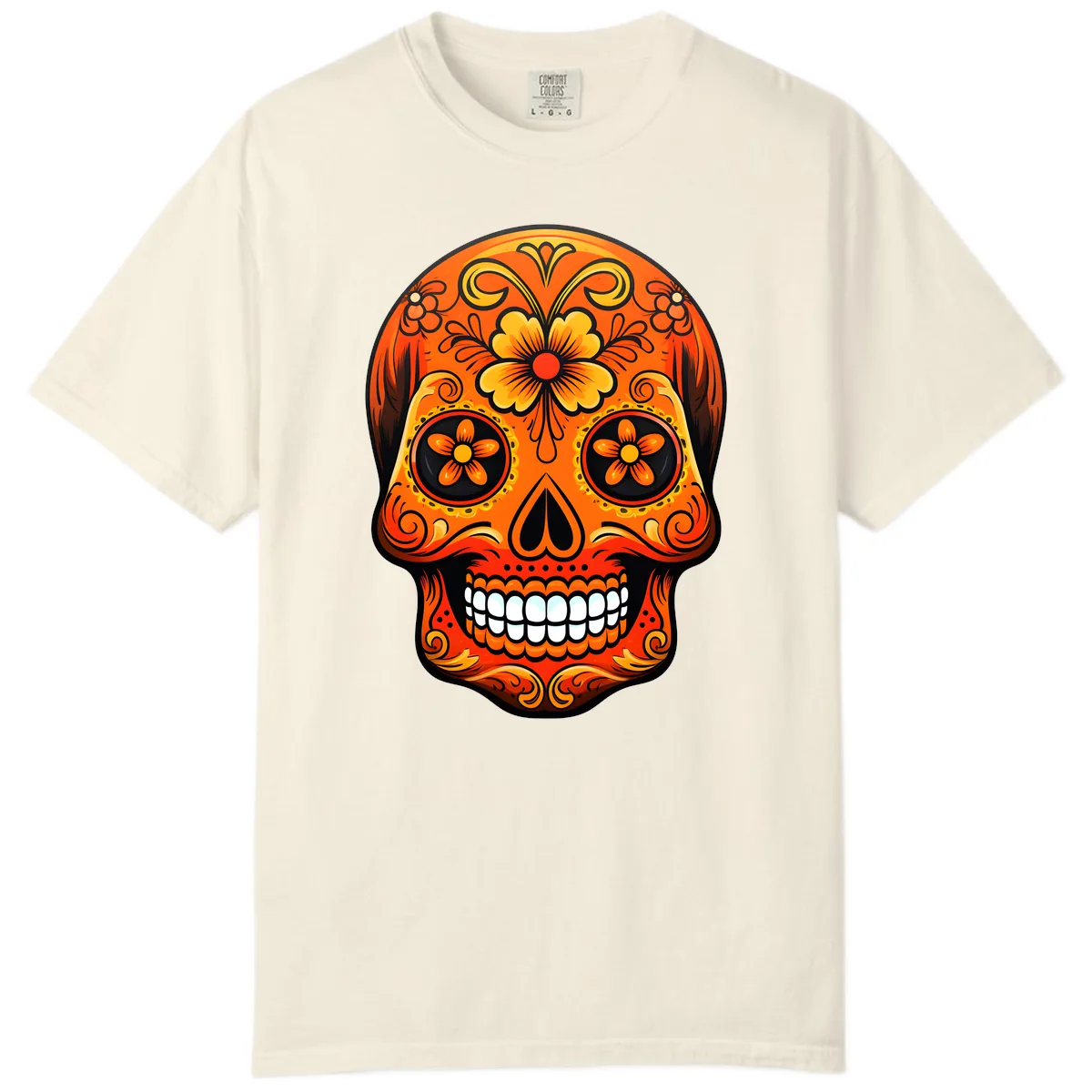 Vibrant Marigold Flower Sugar Skull Art Comfort Color in Ivory