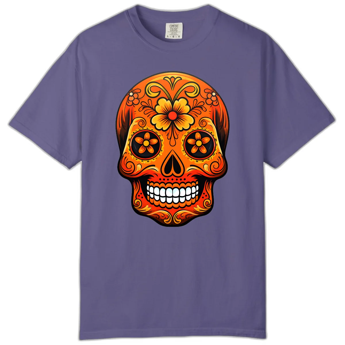 Vibrant Marigold Flower Sugar Skull Art Comfort Color in Grape