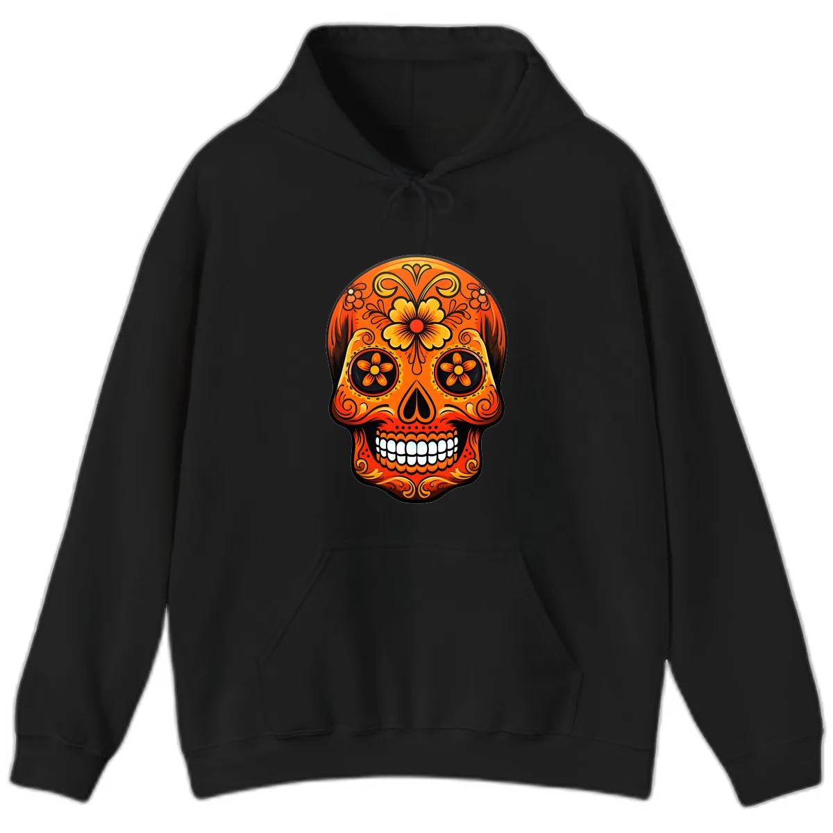 Vibrant Marigold Flower Sugar Skull Art Hoodie in Black