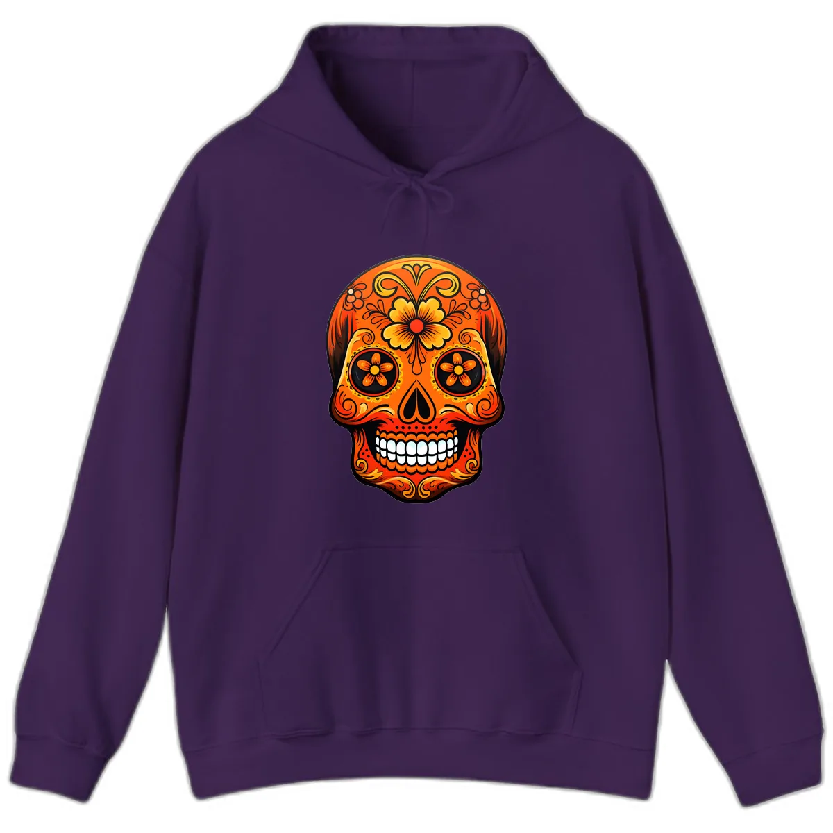 Vibrant Marigold Flower Sugar Skull Art Hoodie in Purple