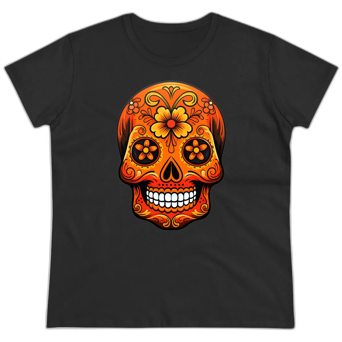Vibrant Marigold Flower Sugar Skull Art Ladies Tee in Black