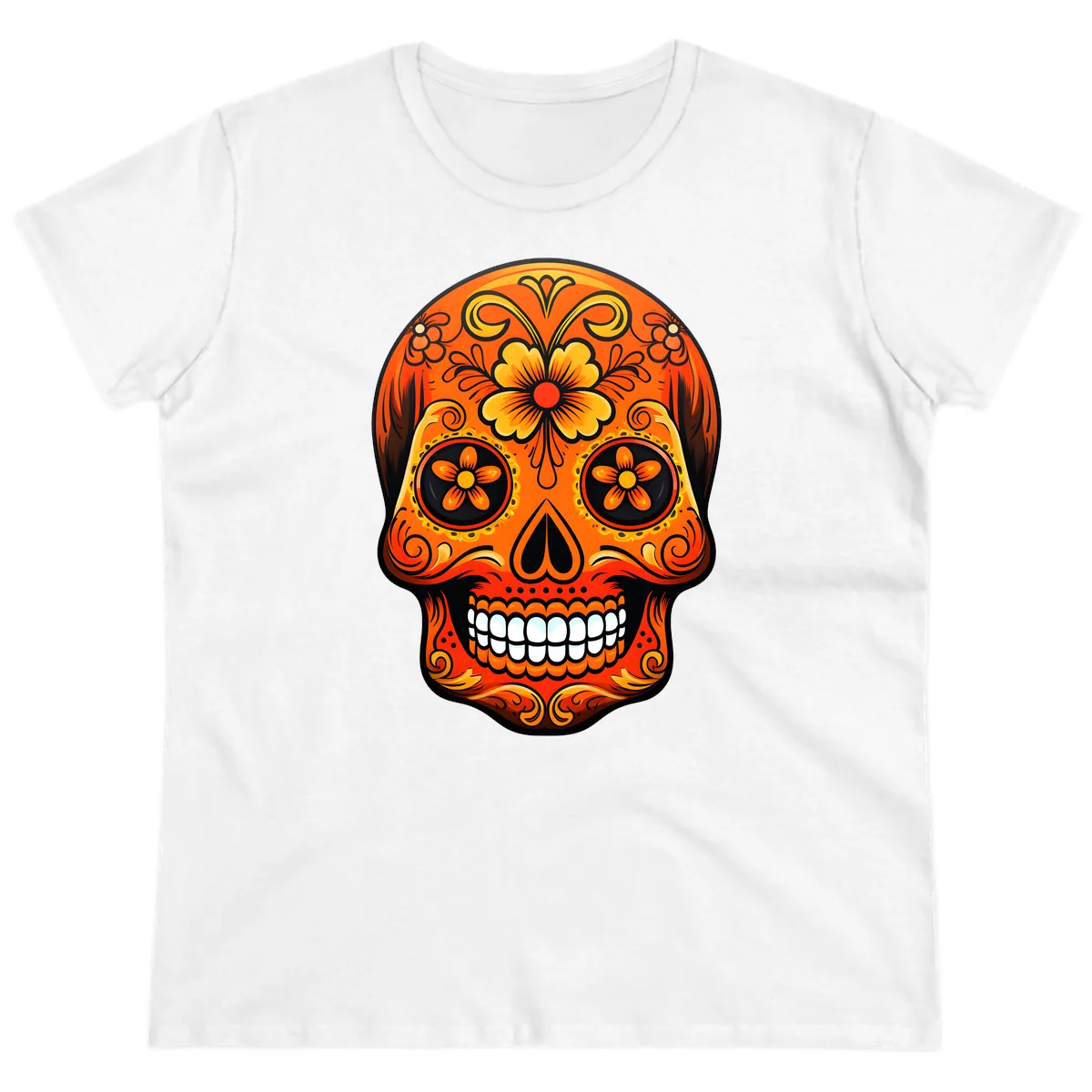 Vibrant Marigold Flower Sugar Skull Art Ladies Tee in White