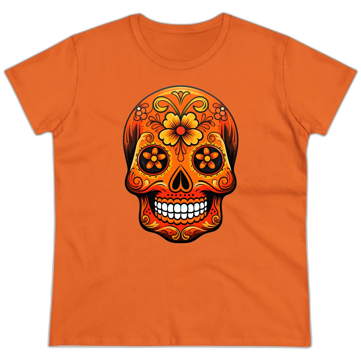 Vibrant Marigold Flower Sugar Skull Art Ladies Tee in Orange