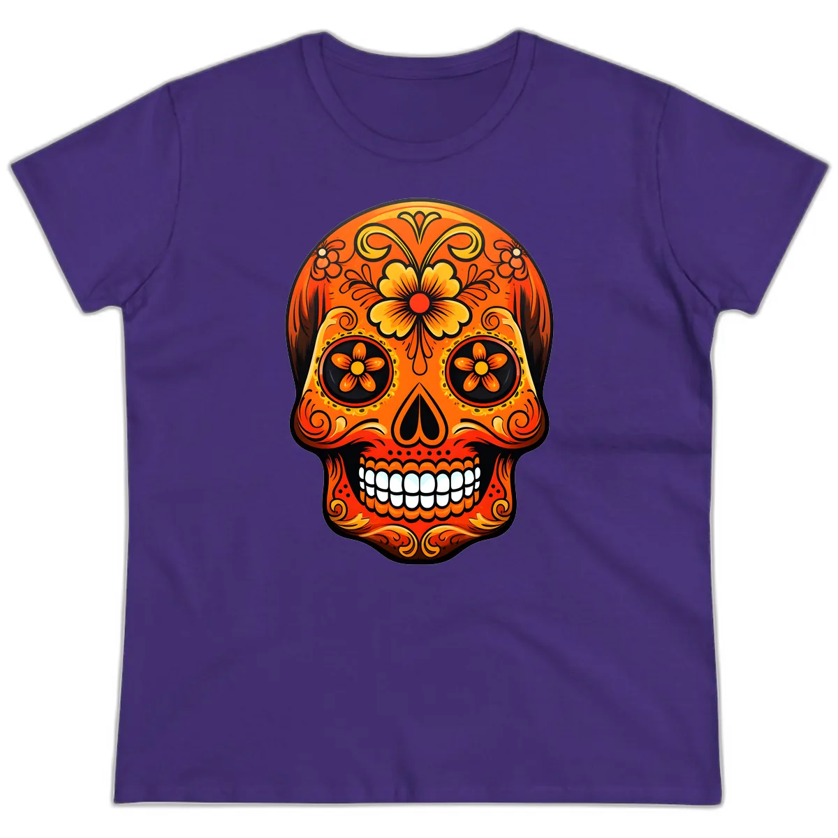 Vibrant Marigold Flower Sugar Skull Art Ladies Tee in Purple
