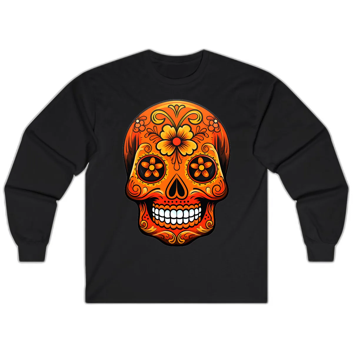 Vibrant Marigold Flower Sugar Skull Art Long Sleeve in Black