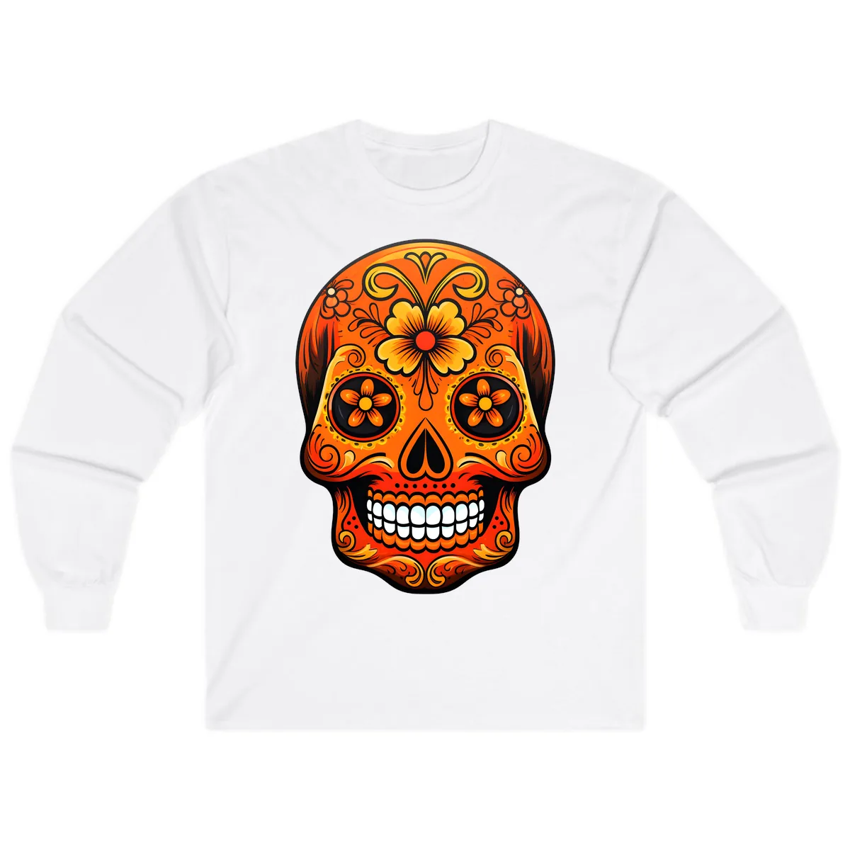 Vibrant Marigold Flower Sugar Skull Art Long Sleeve in White