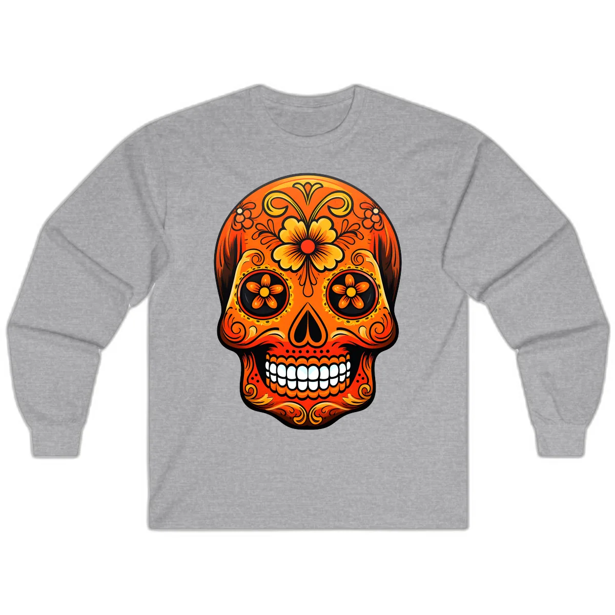 Vibrant Marigold Flower Sugar Skull Art Long Sleeve in Sport Grey