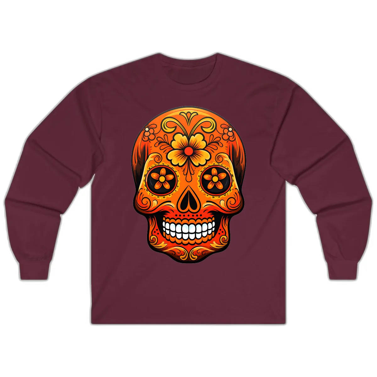 Vibrant Marigold Flower Sugar Skull Art Long Sleeve in Maroon
