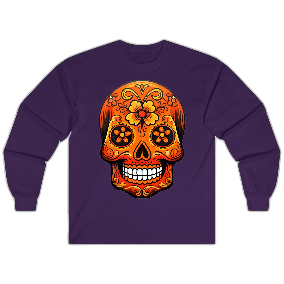 Vibrant Marigold Flower Sugar Skull Art Long Sleeve in Purple