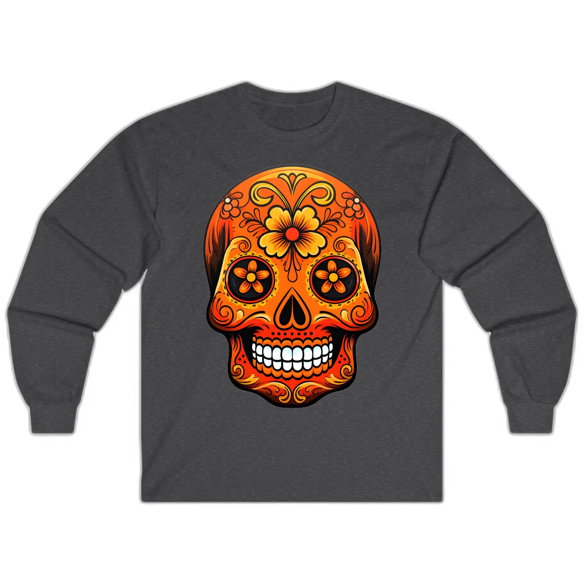 Vibrant Marigold Flower Sugar Skull Art Long Sleeve in Dark Heather
