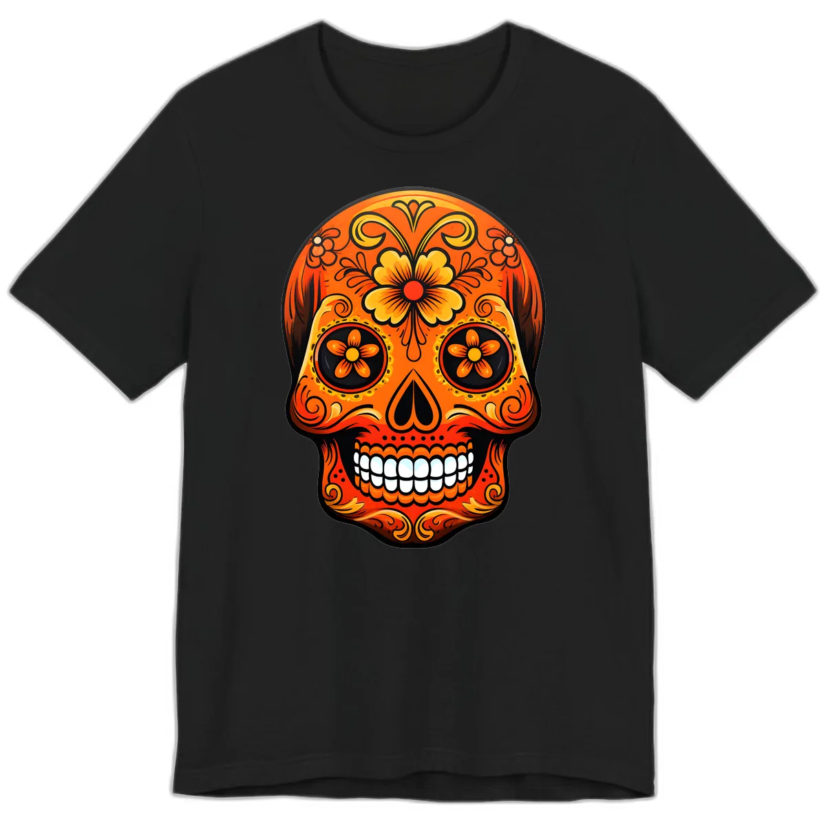 Vibrant Marigold Flower Sugar Skull Art Premium T-Shirt in Black