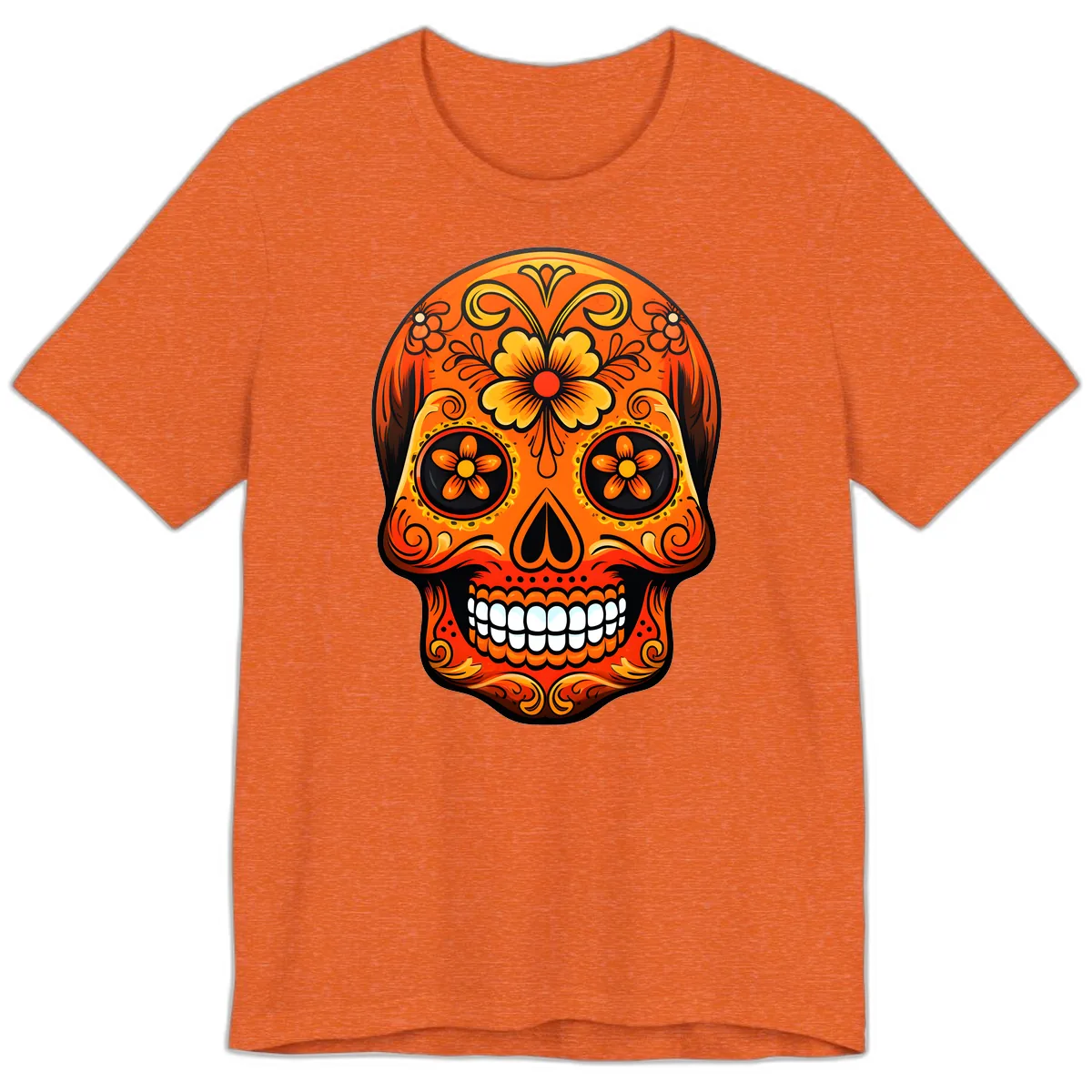 Vibrant Marigold Flower Sugar Skull Art Premium T-Shirt in Heather Orange