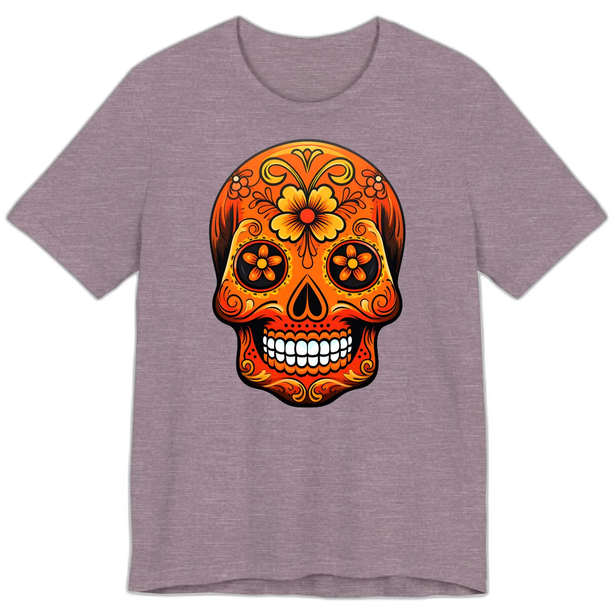 Vibrant Marigold Flower Sugar Skull Art Premium T-Shirt in Heather Purple