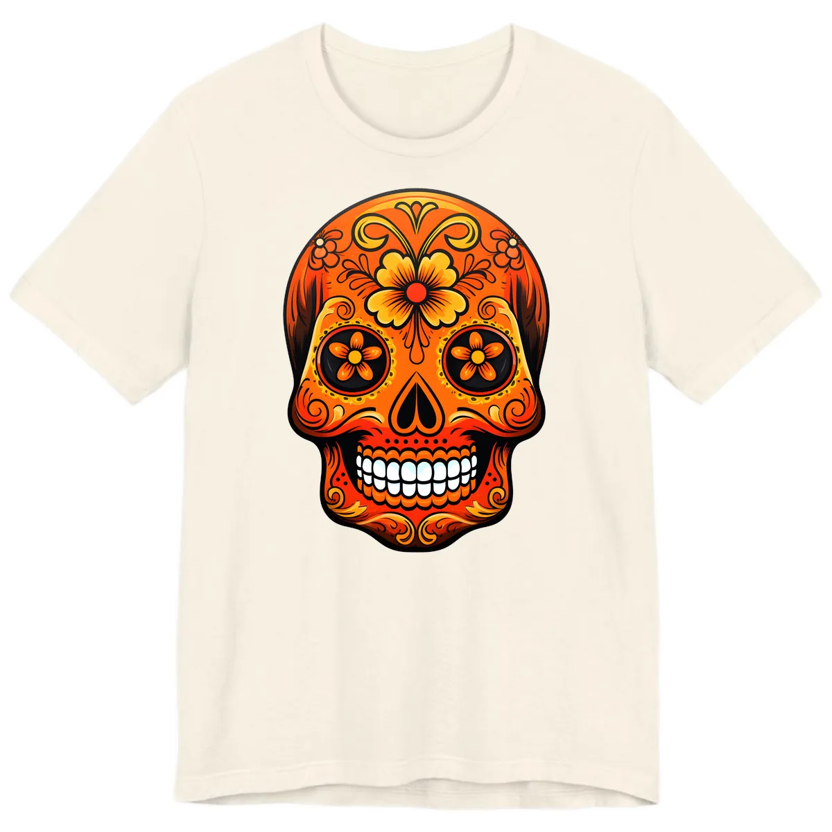 Vibrant Marigold Flower Sugar Skull Art Premium T-Shirt in Natural