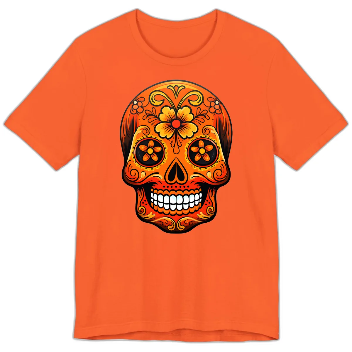Vibrant Marigold Flower Sugar Skull Art Premium T-Shirt in Orange