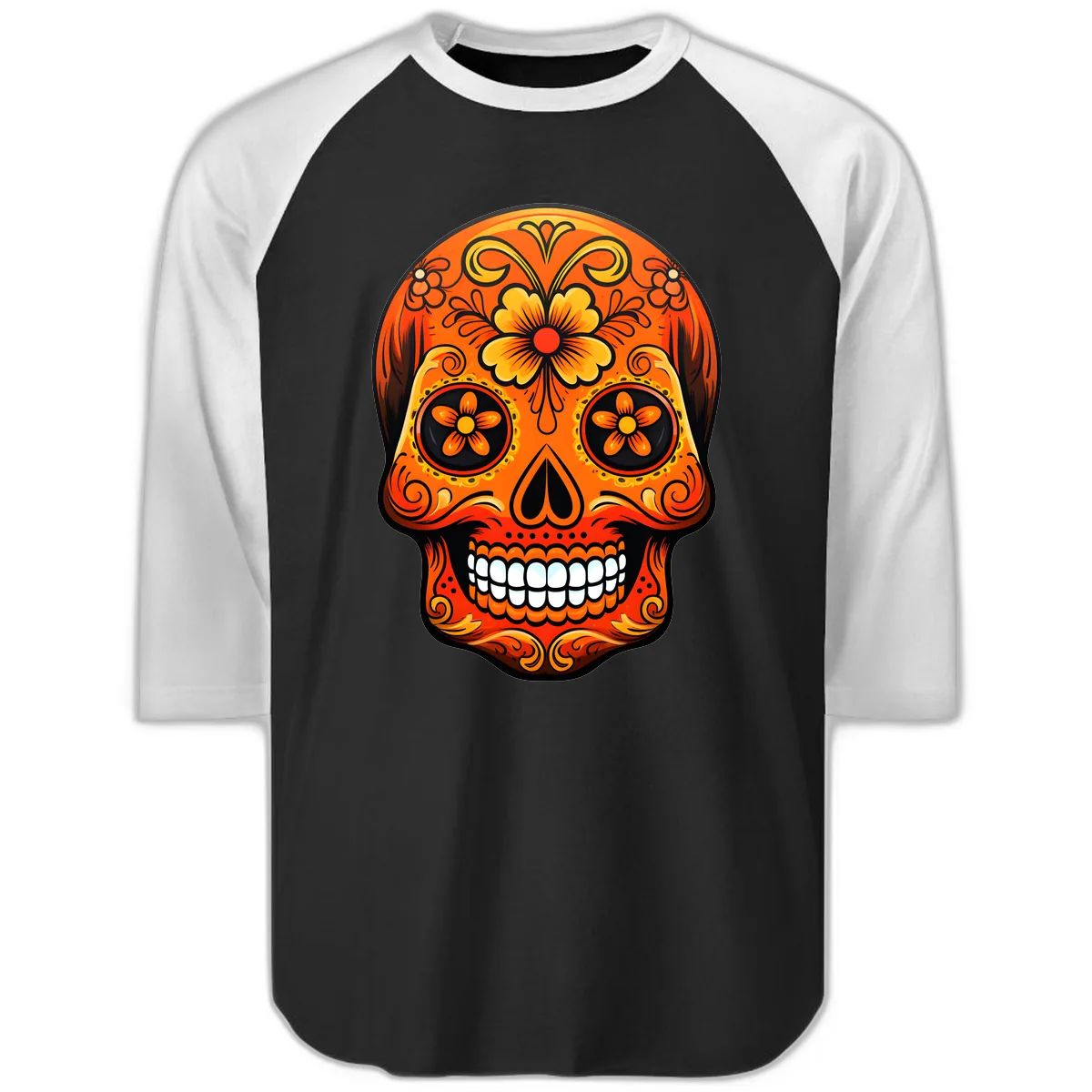 Vibrant Marigold Flower Sugar Skull Art Raglan 3/4 in Black White