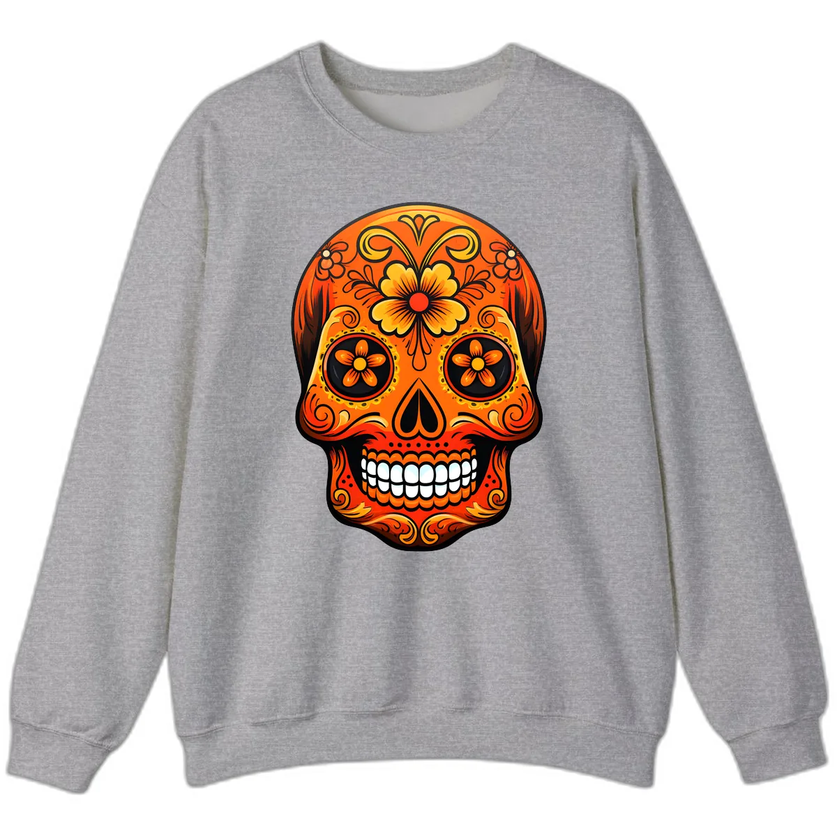 Vibrant Marigold Flower Sugar Skull Art Sweatshirt in Sport Grey