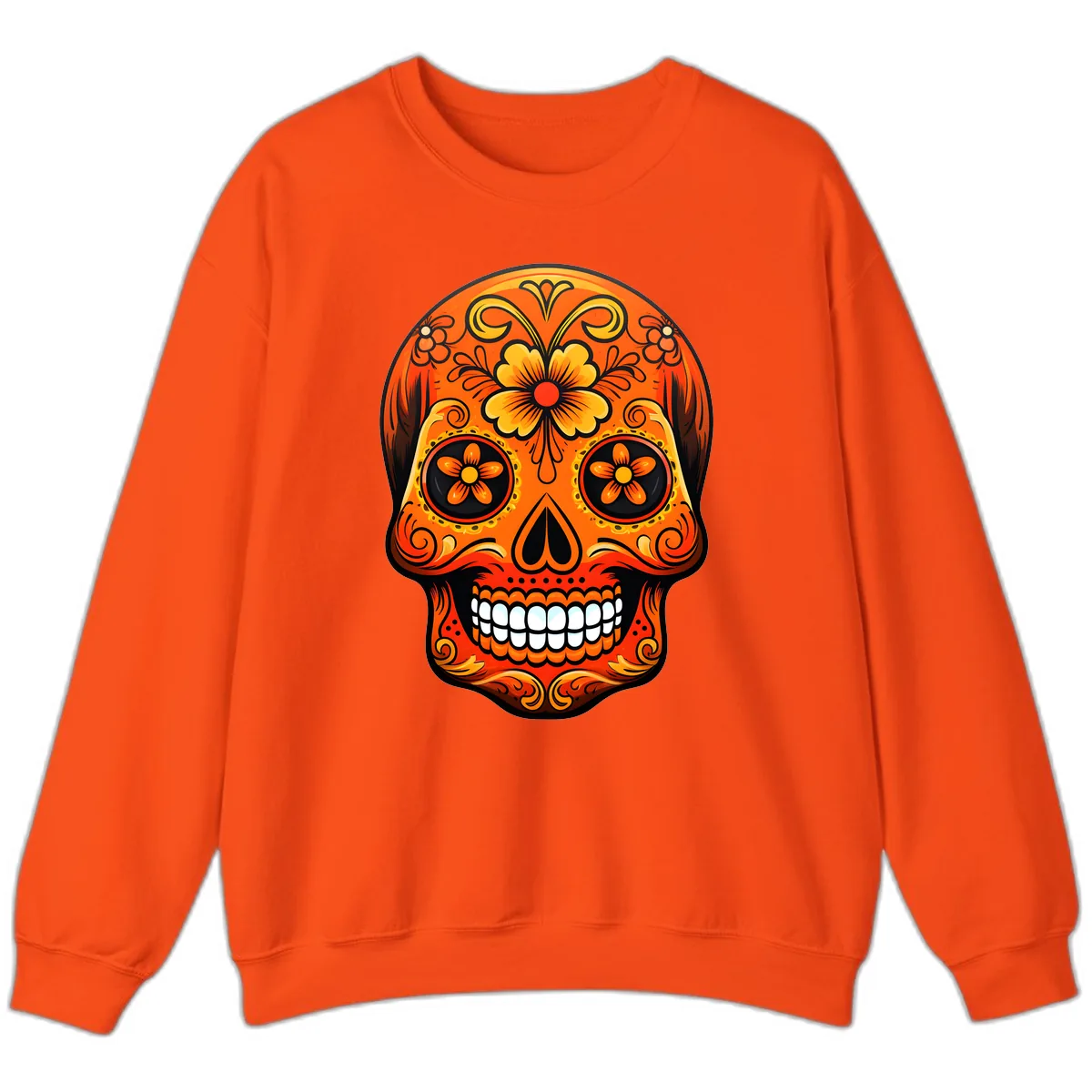Vibrant Marigold Flower Sugar Skull Art Sweatshirt in Orange