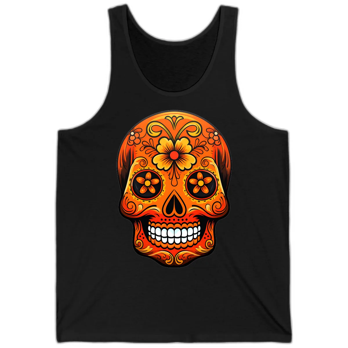 Vibrant Marigold Flower Sugar Skull Art Tank in Black