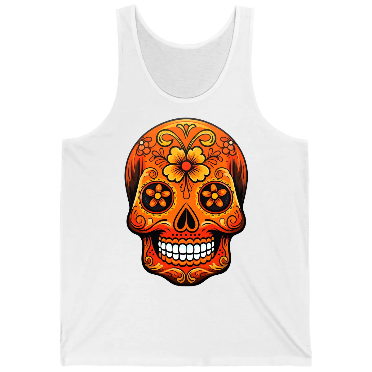 Vibrant Marigold Flower Sugar Skull Art Tank in White