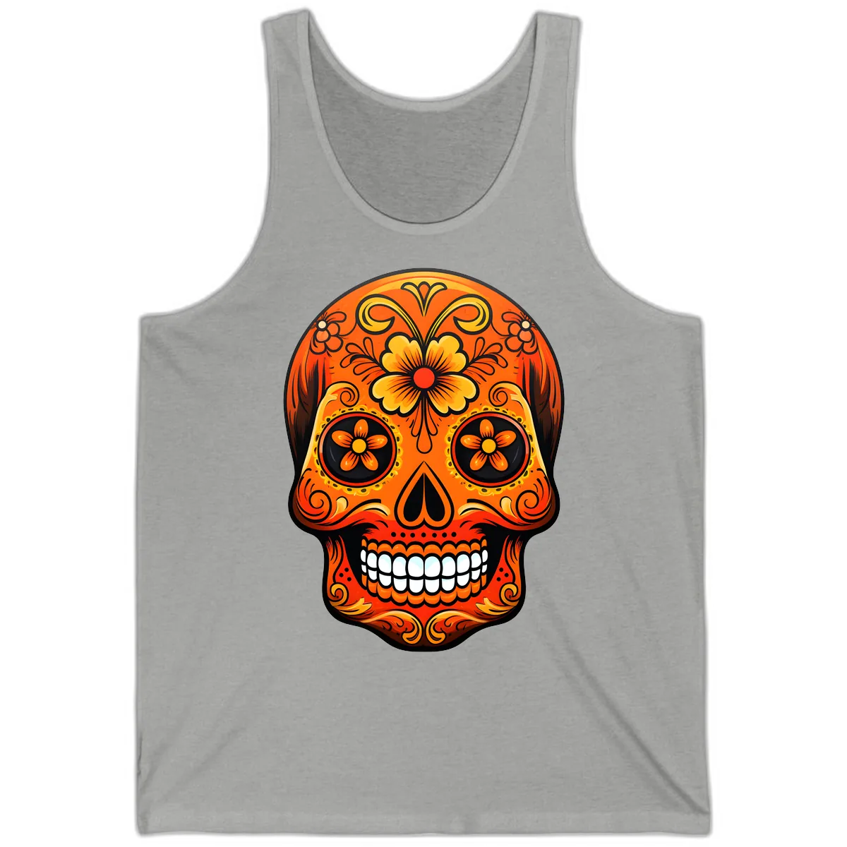 Vibrant Marigold Flower Sugar Skull Art Tank in Athletic Heather