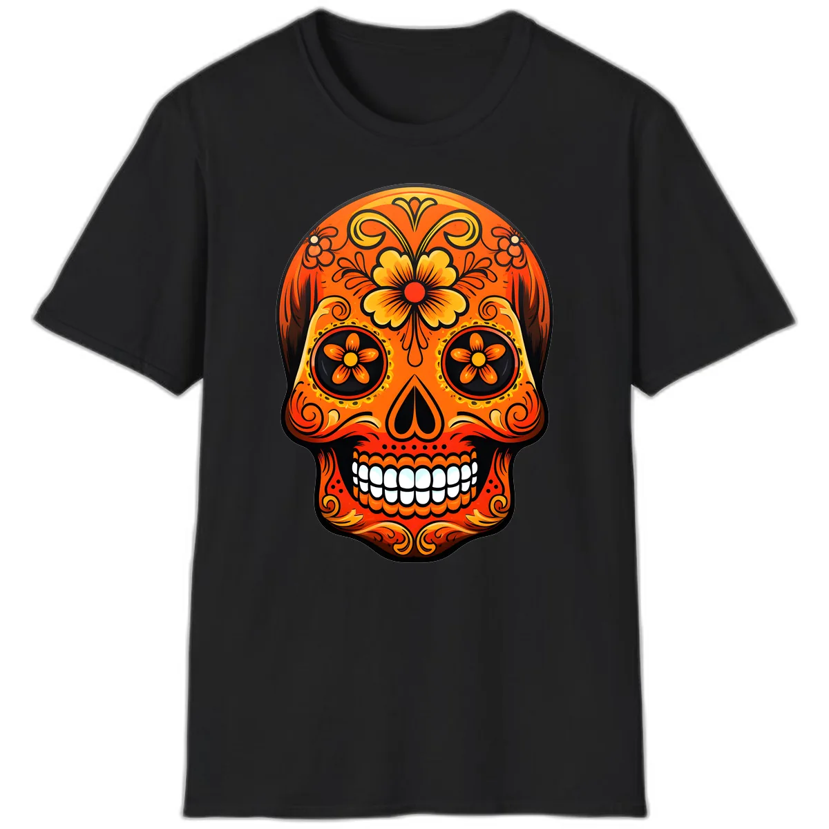 Vibrant Marigold Flower Sugar Skull Art T-Shirt in Black