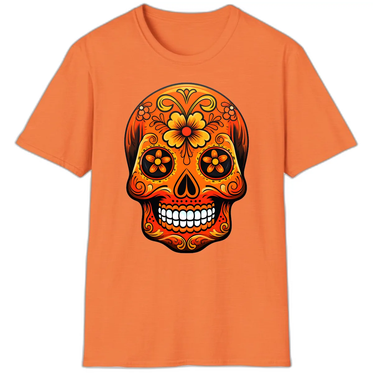 Vibrant Marigold Flower Sugar Skull Art T-Shirt in Heather Orange