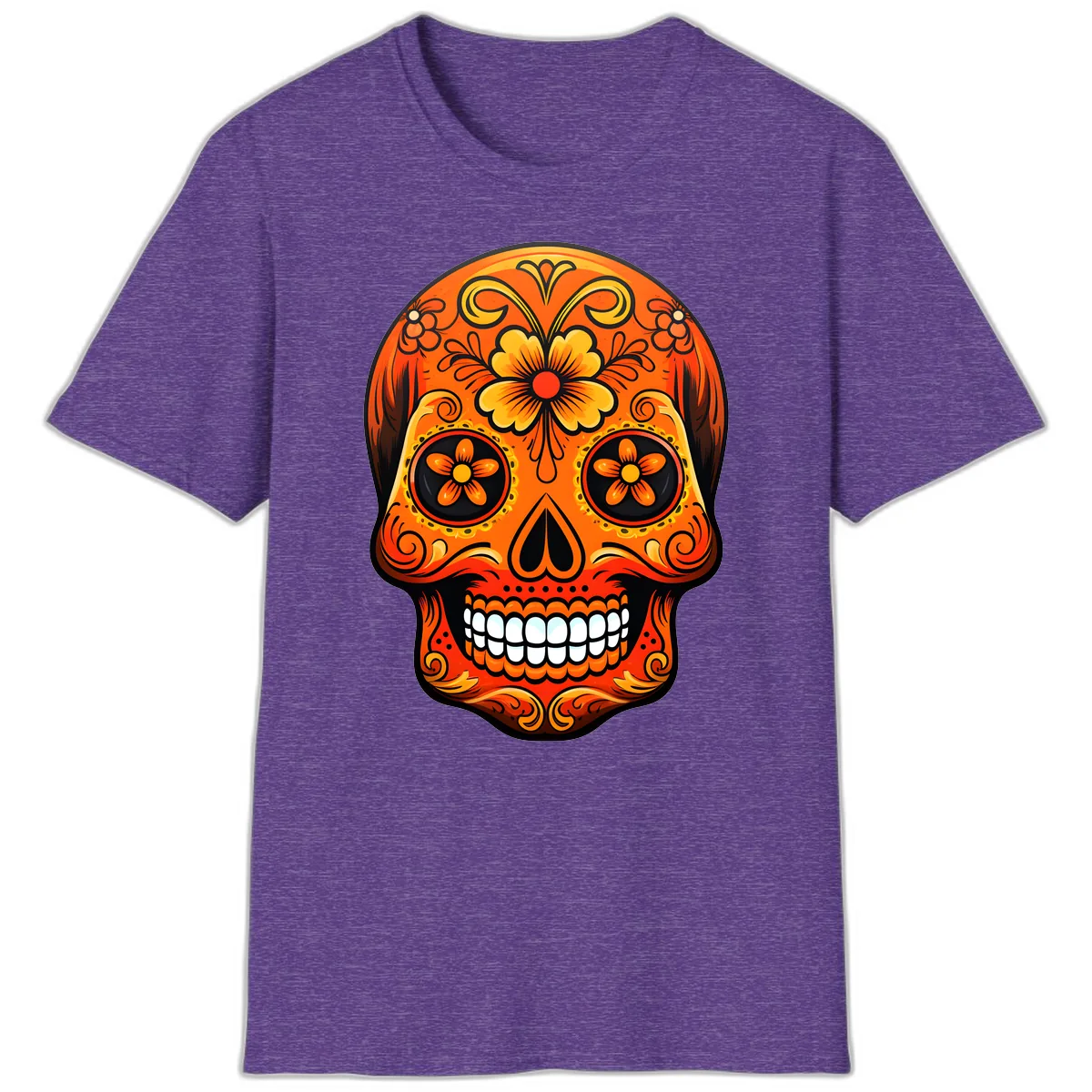 Vibrant Marigold Flower Sugar Skull Art T-Shirt in Heather Purple