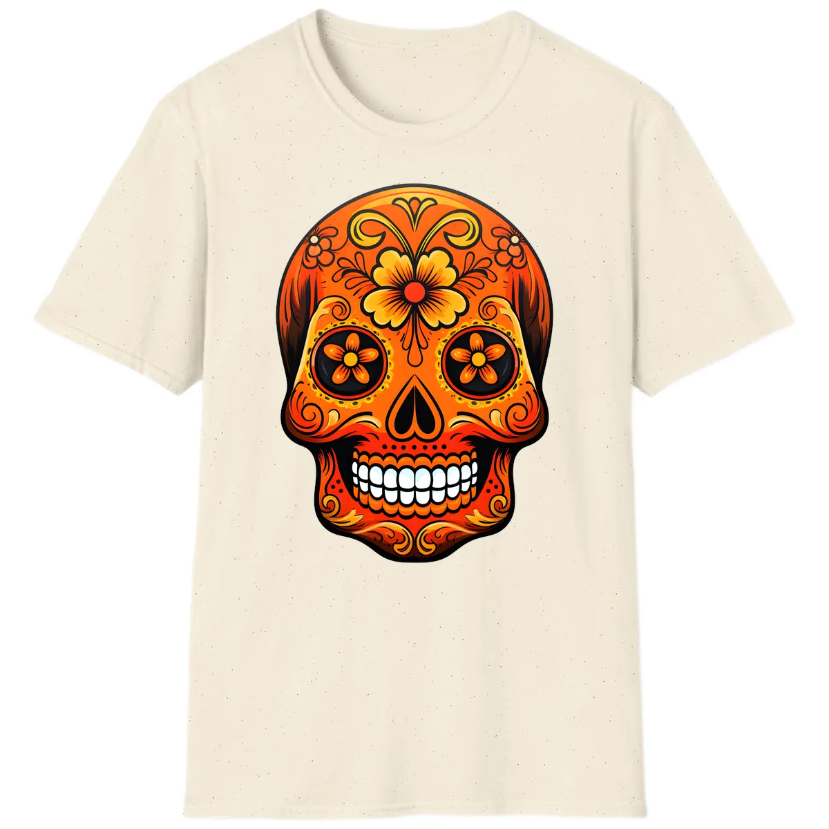 Vibrant Marigold Flower Sugar Skull Art T-Shirt in Natural
