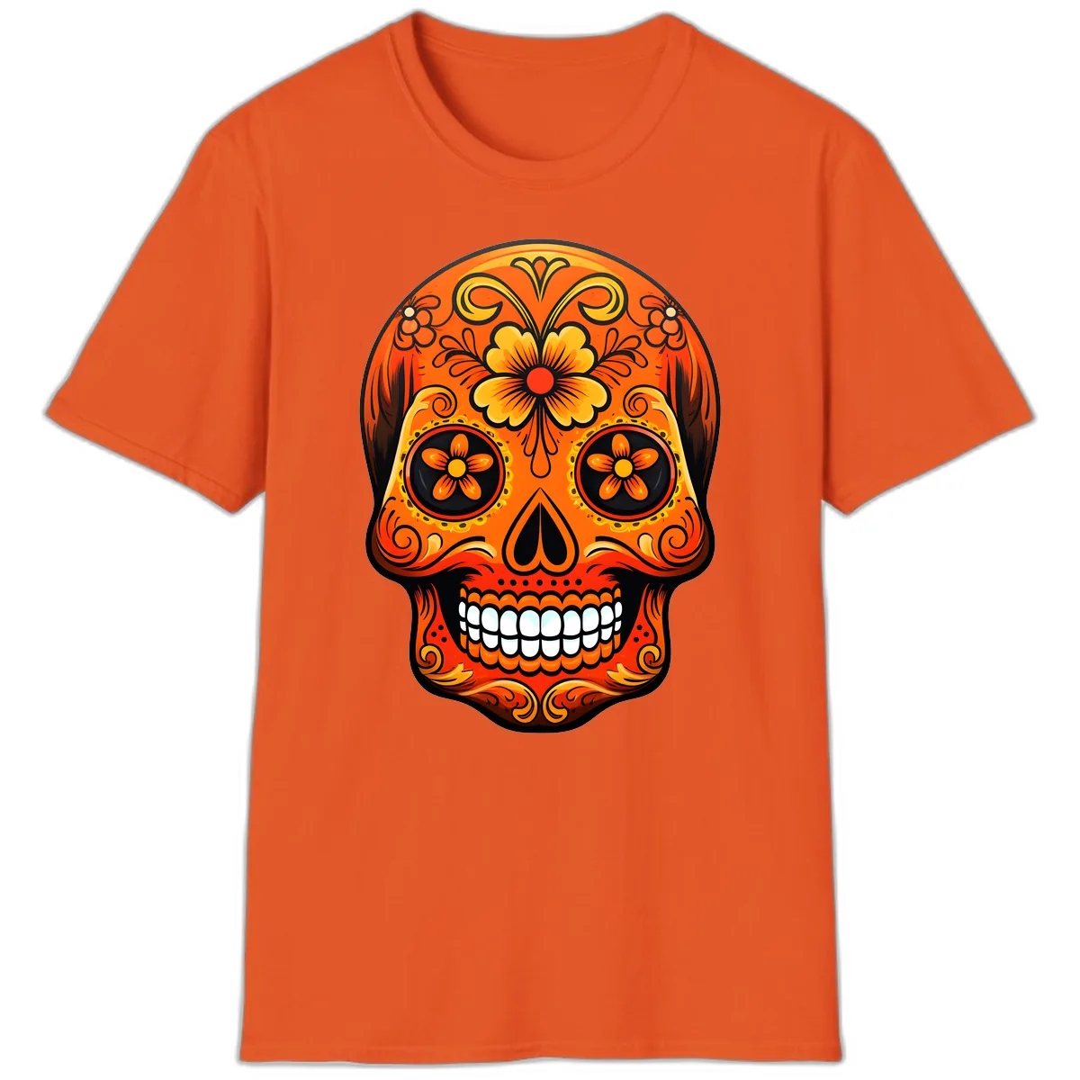 Vibrant Marigold Flower Sugar Skull Art T-Shirt in Orange