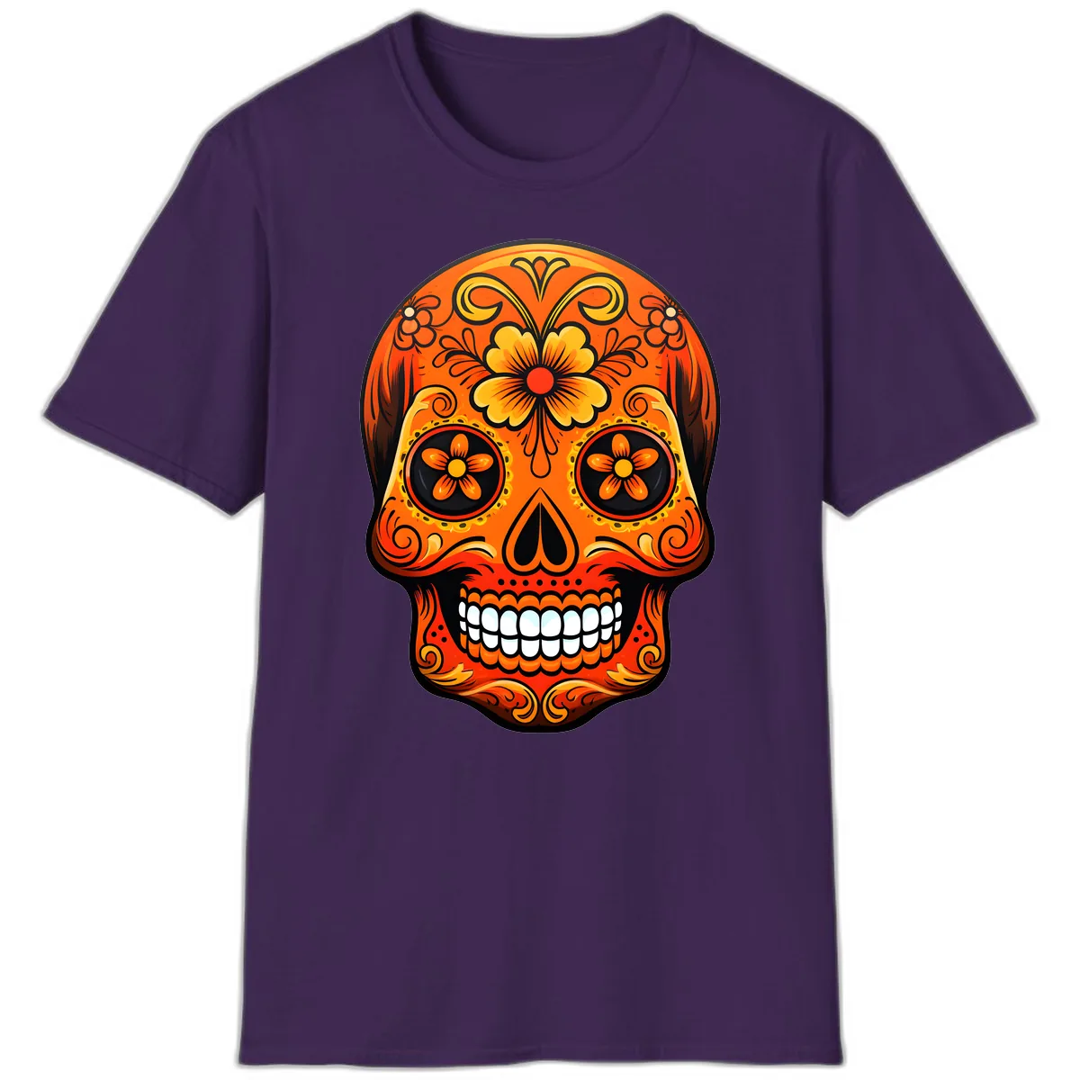 Vibrant Marigold Flower Sugar Skull Art T-Shirt in Purple