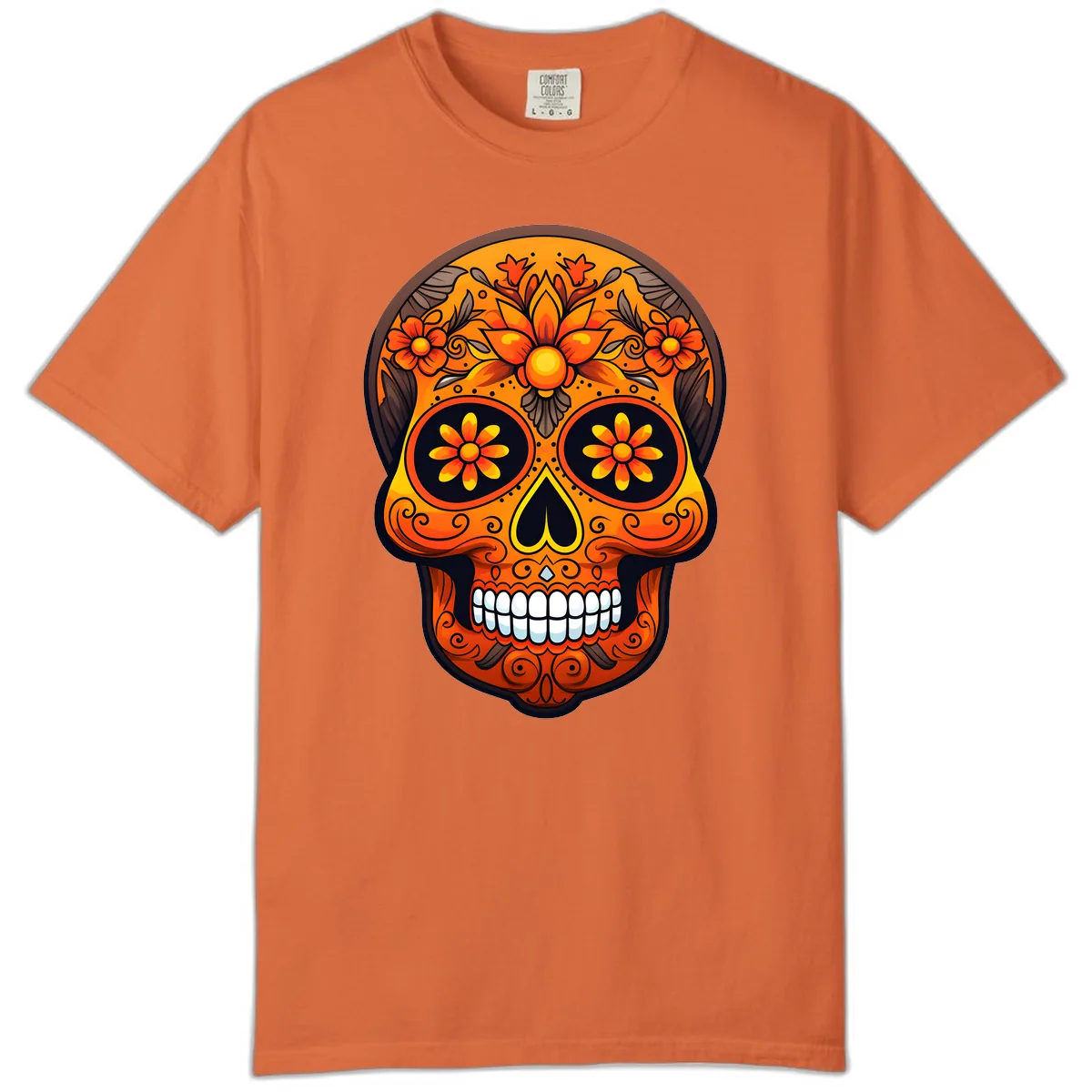 Vibrant Floral Calavera Day of the Dead Skull Comfort Color in Burnt Orange