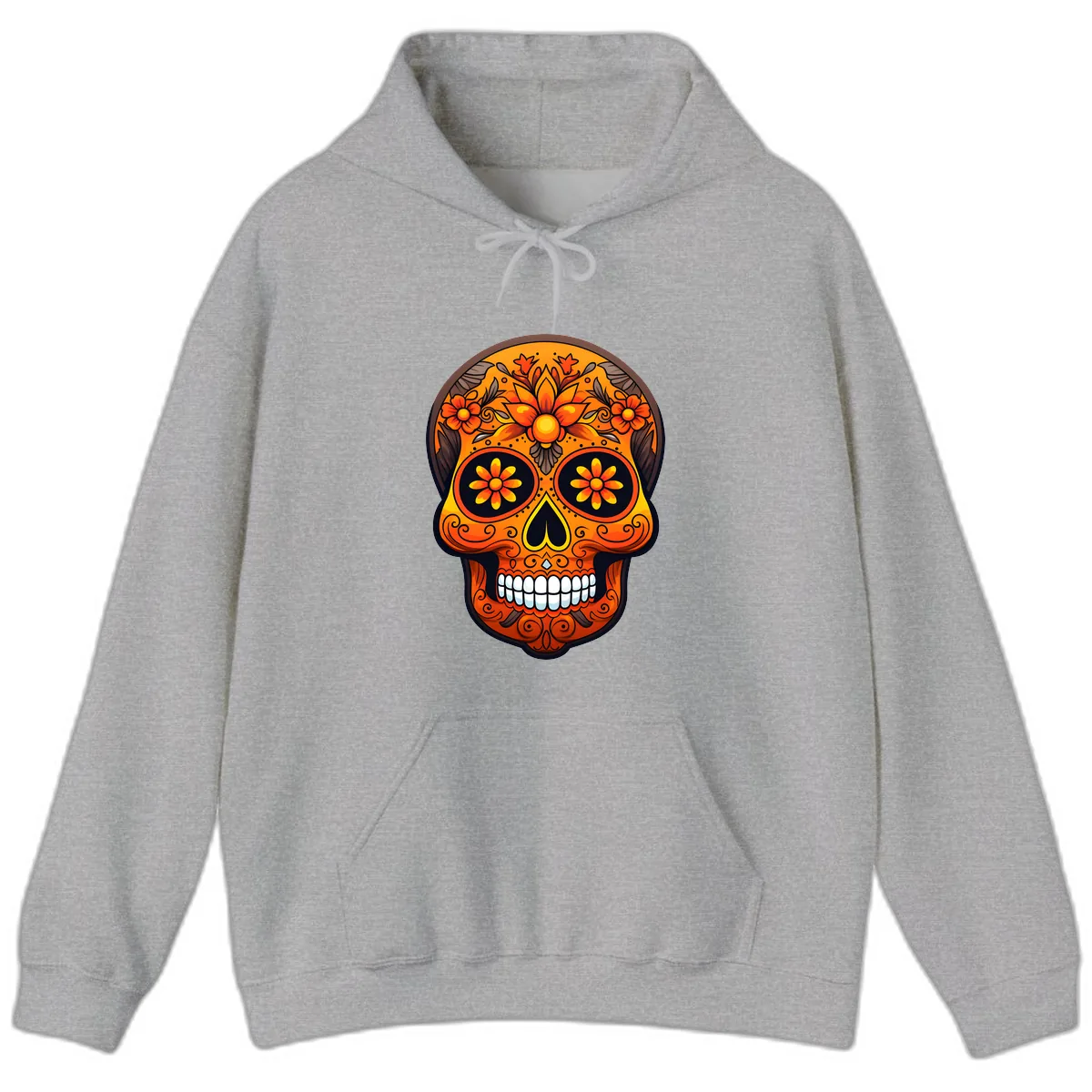 Vibrant Floral Calavera Day of the Dead Skull Hoodie in Sport Grey