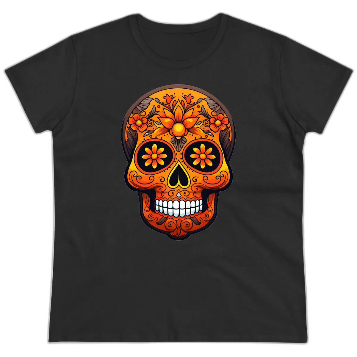 Vibrant Floral Calavera Day of the Dead Skull Ladies Tee in Black