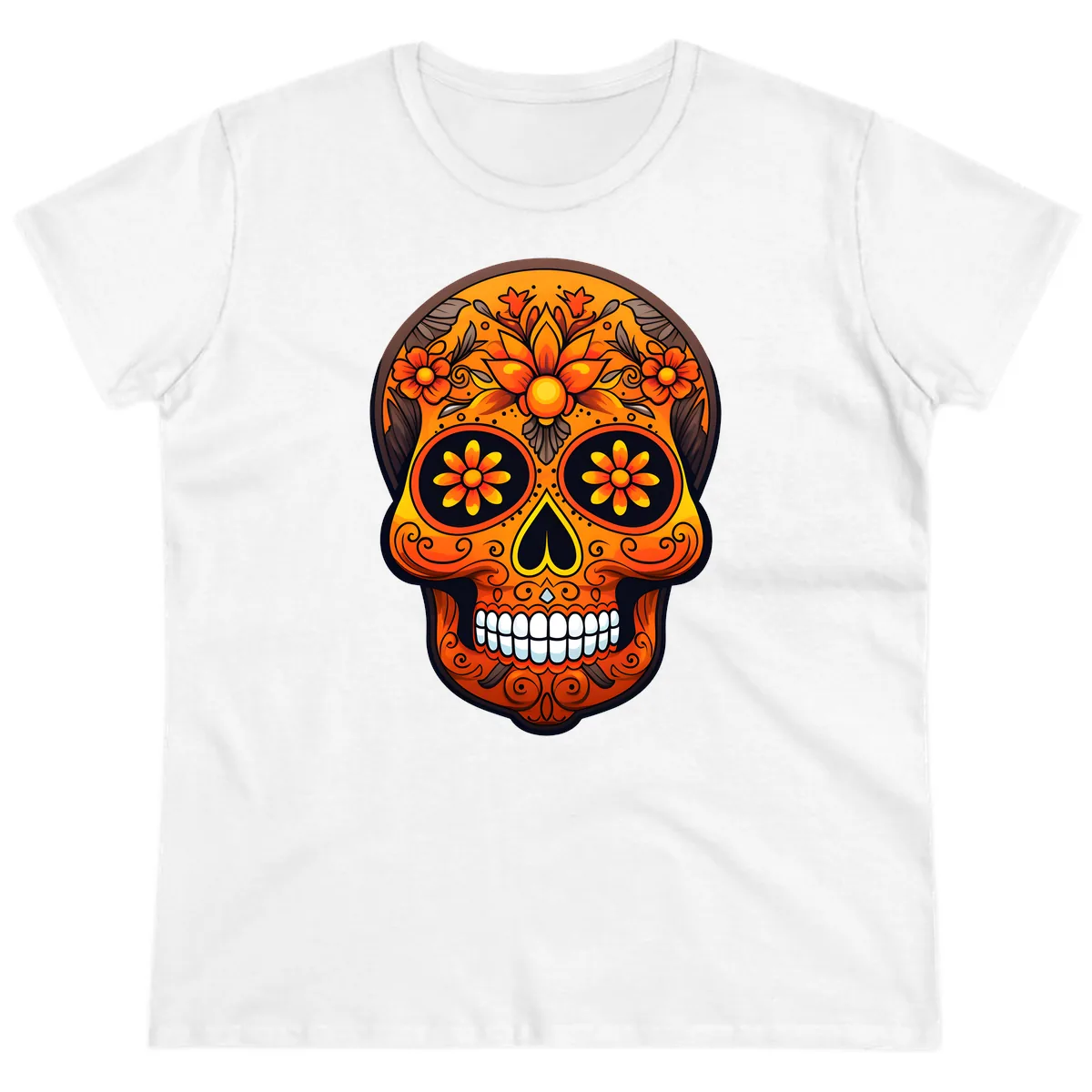 Vibrant Floral Calavera Day of the Dead Skull Ladies Tee in White