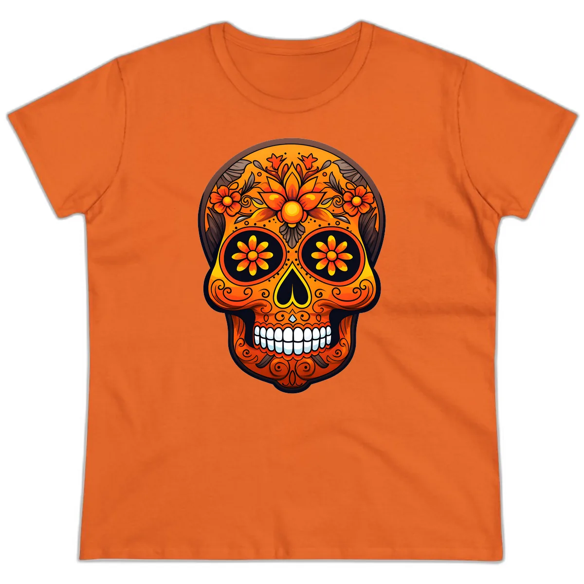 Vibrant Floral Calavera Day of the Dead Skull Ladies Tee in Orange
