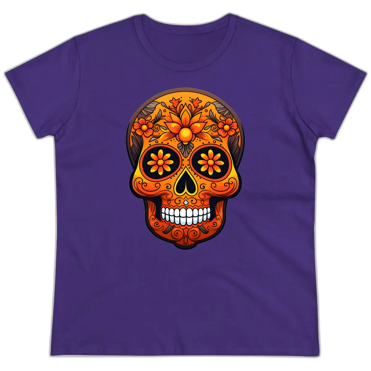 Vibrant Floral Calavera Day of the Dead Skull Ladies Tee in Purple