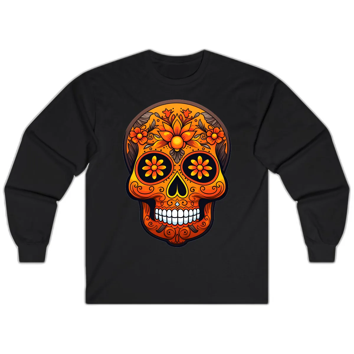 Vibrant Floral Calavera Day of the Dead Skull Long Sleeve in Black