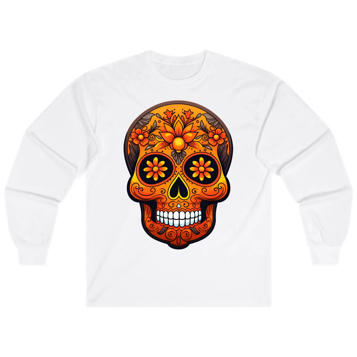 Vibrant Floral Calavera Day of the Dead Skull Long Sleeve in White