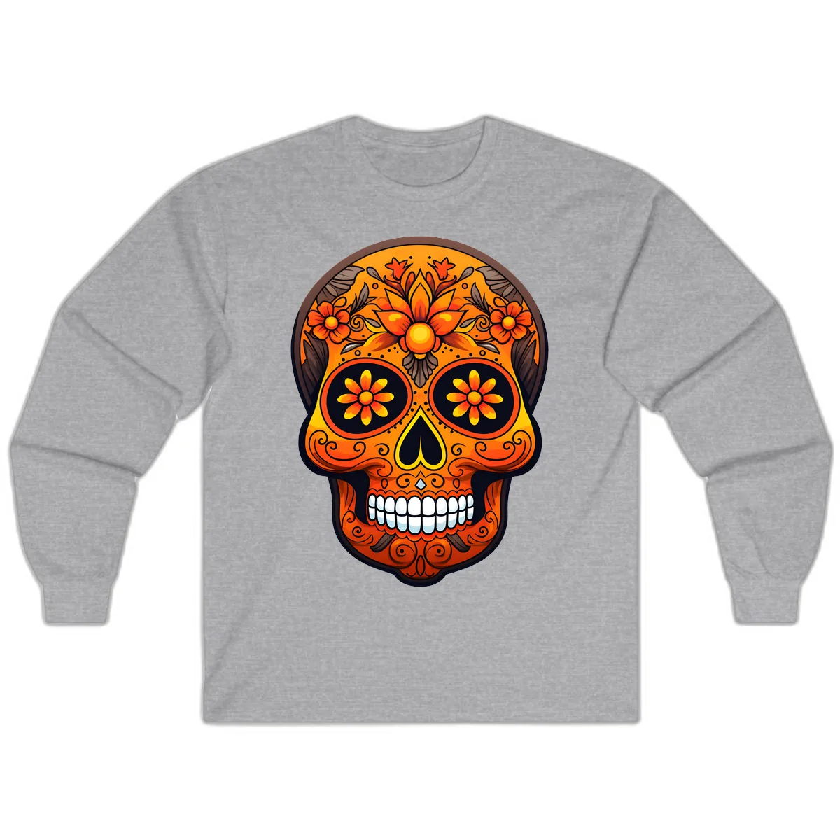 Vibrant Floral Calavera Day of the Dead Skull Long Sleeve in Sport Grey