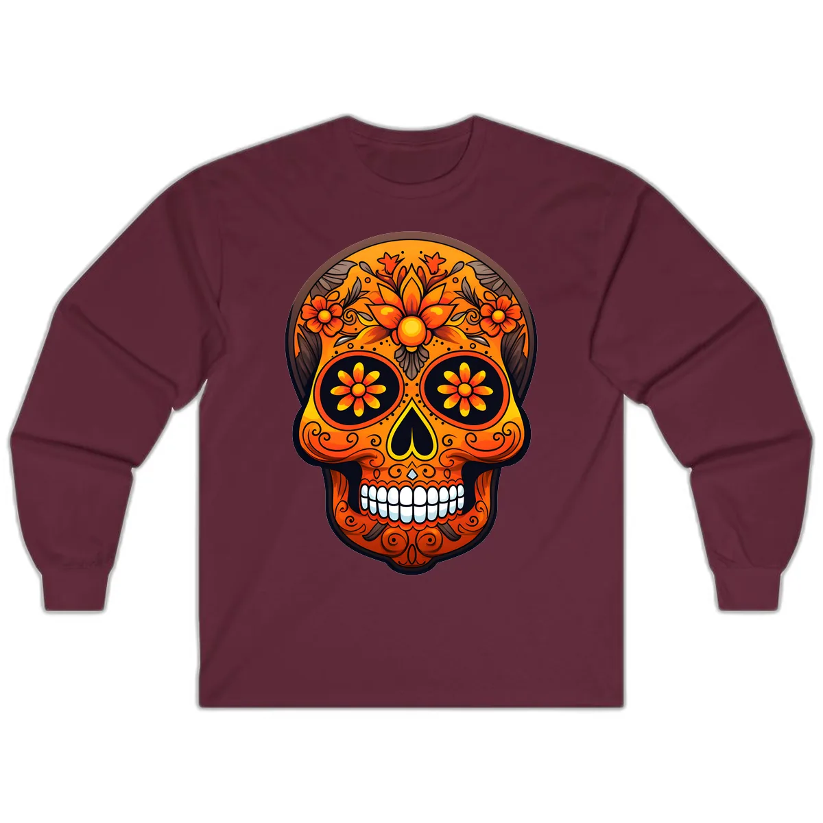 Vibrant Floral Calavera Day of the Dead Skull Long Sleeve in Maroon