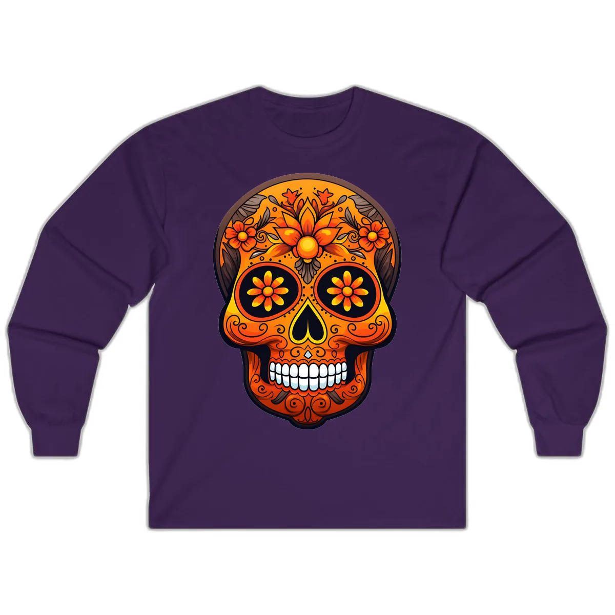 Vibrant Floral Calavera Day of the Dead Skull Long Sleeve in Purple