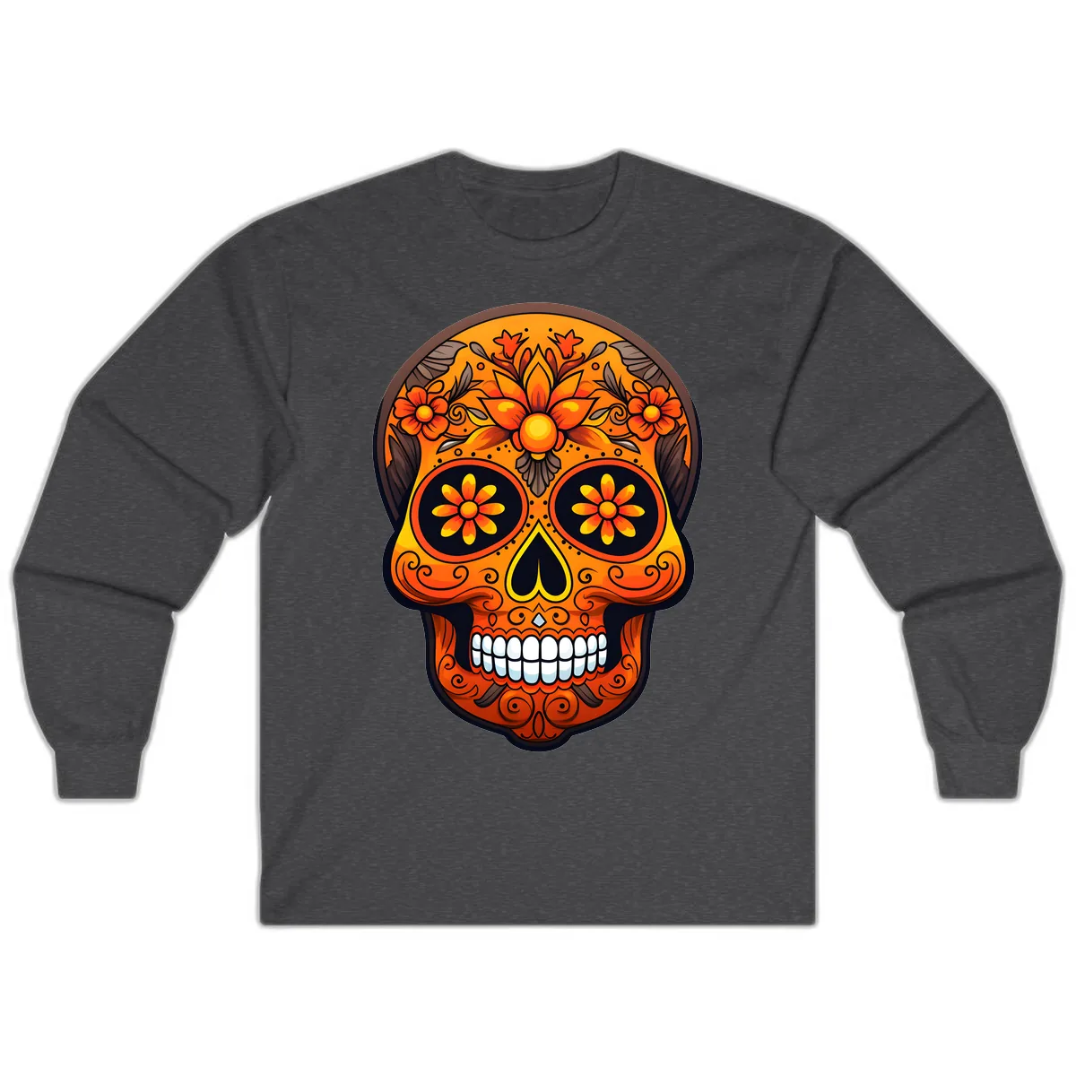 Vibrant Floral Calavera Day of the Dead Skull Long Sleeve in Dark Heather