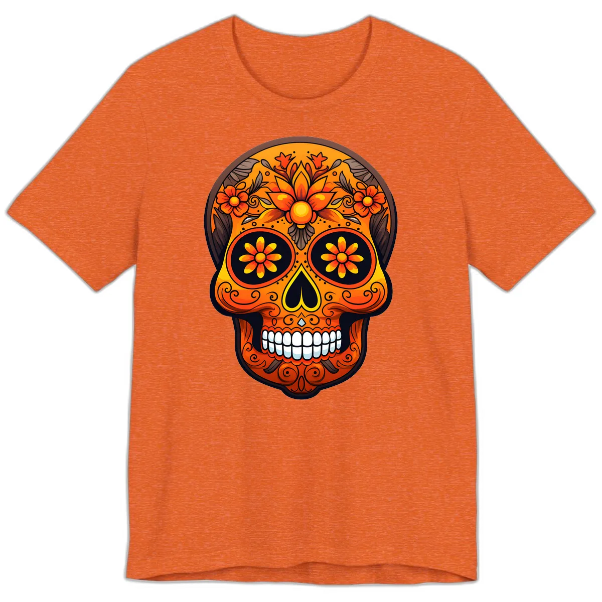 Vibrant Floral Calavera Day of the Dead Skull Premium T-Shirt in Heather Orange