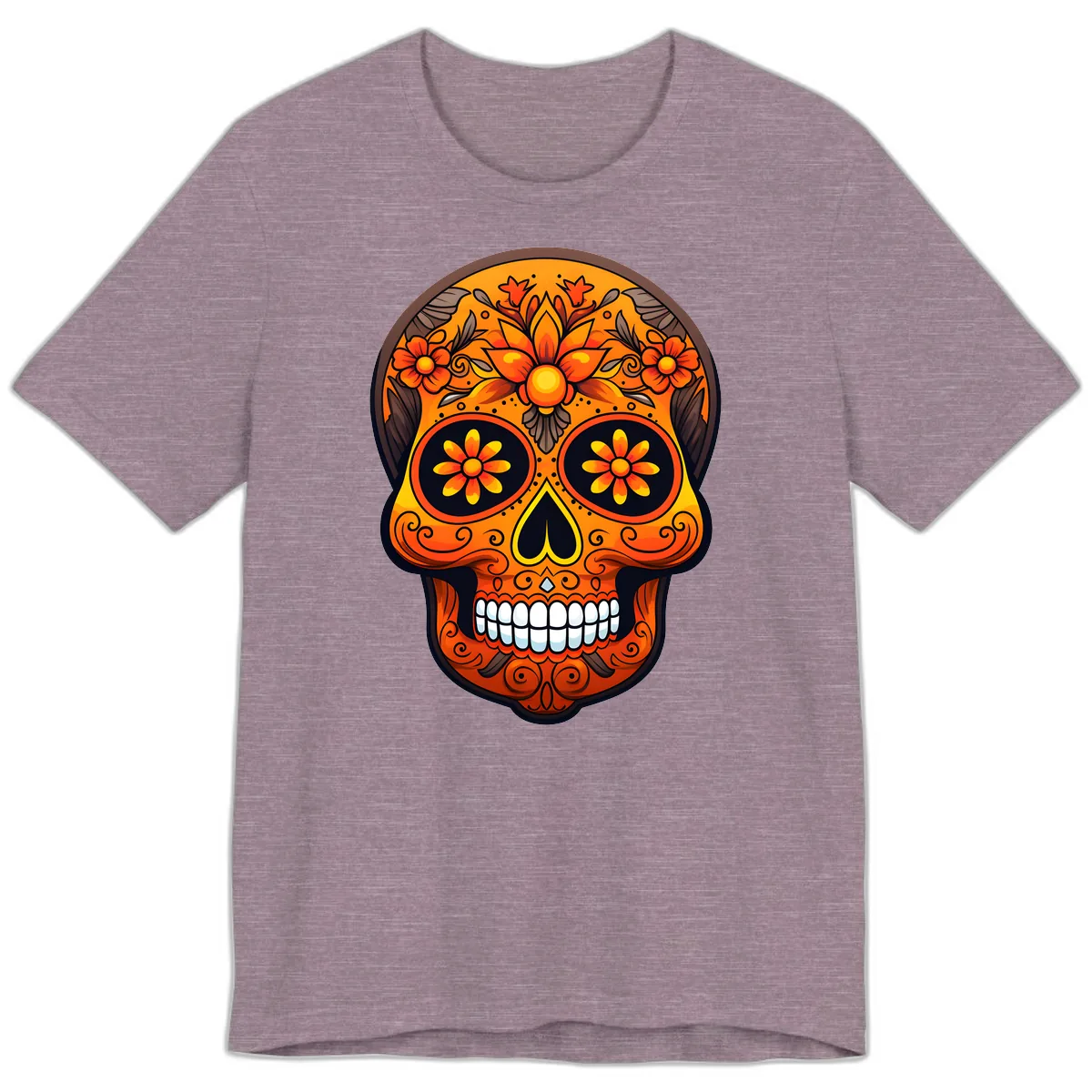 Vibrant Floral Calavera Day of the Dead Skull Premium T-Shirt in Heather Purple