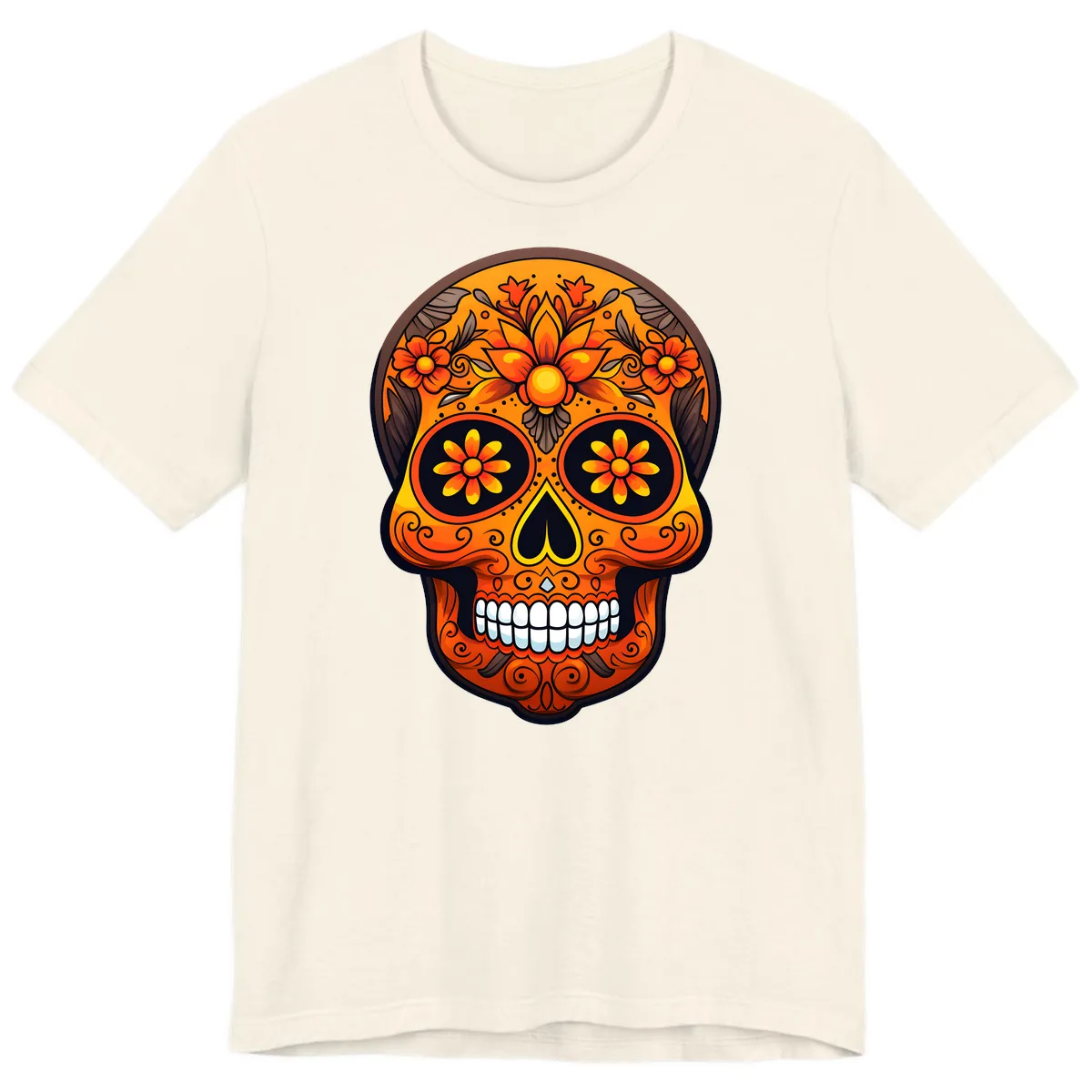 Vibrant Floral Calavera Day of the Dead Skull Premium T-Shirt in Natural
