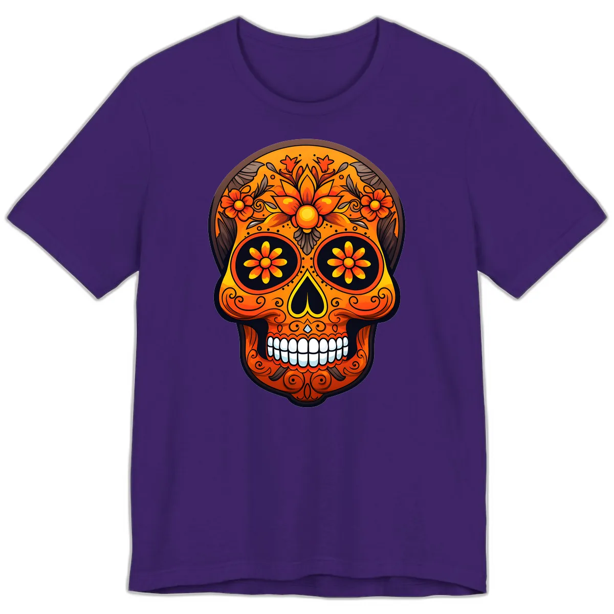 Vibrant Floral Calavera Day of the Dead Skull Premium T-Shirt in Team Purple