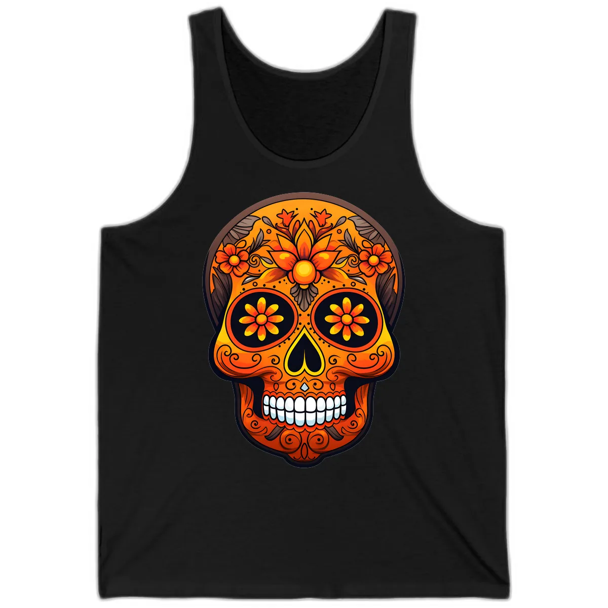 Vibrant Floral Calavera Day of the Dead Skull Tank in Black