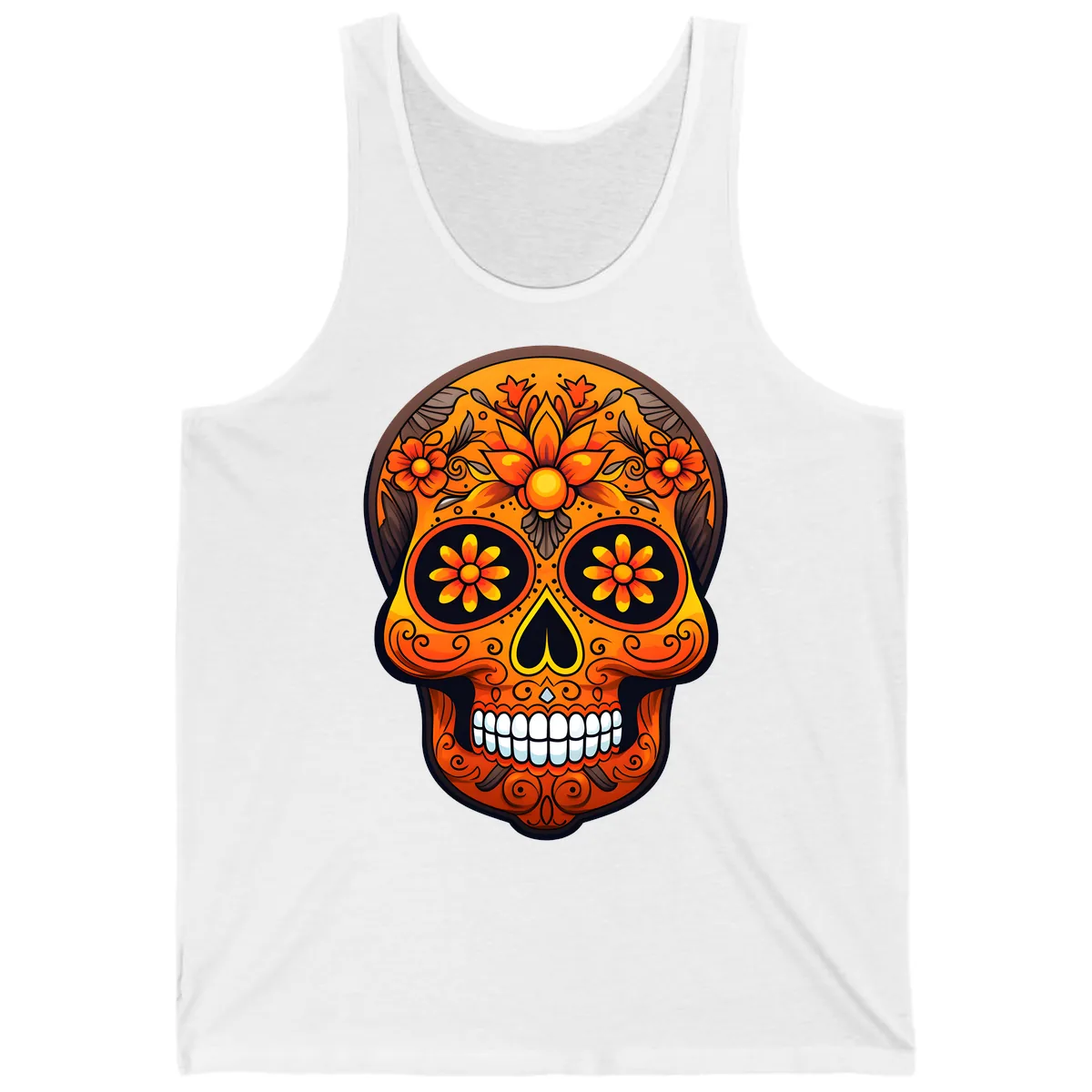 Vibrant Floral Calavera Day of the Dead Skull Tank in White